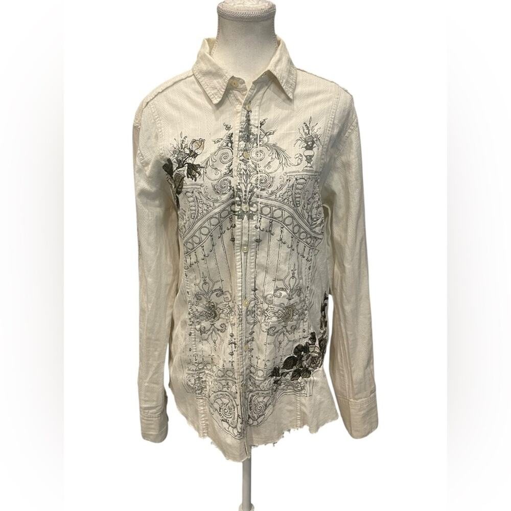 Johnny Was 3J Workshop Embroidered  Distressed Shirt Top M